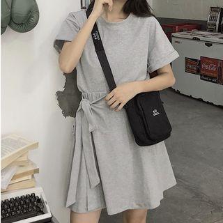 Tie-waist Mock Two Piece Plain Dress