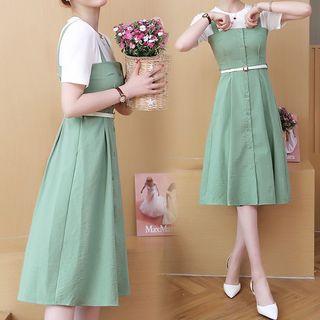 Set: Plain Short-sleeve T-shirt + Spaghetti Strap Midi A-line Dress