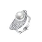 925 Sterling Silver Simple Fashion Geometric White Freshwater Pearl Adjustable Open Ring Silver - One Size