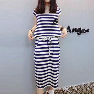 Striped Short Sleeve Drawstring Waist Midi Dress