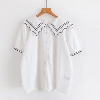 Elbow-sleeve Collared Embroidered Blouse White - One Size