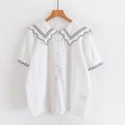 Elbow-sleeve Collared Embroidered Blouse White - One Size