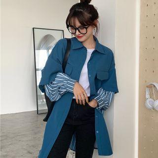 Mock Two-piece Long-sleeve Striped Panel Oversized Shirt
