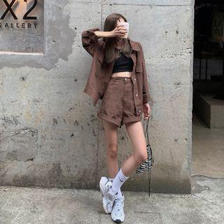 Set : Plain Long-sleeve Jacket + High Waist Wide Leg Shorts