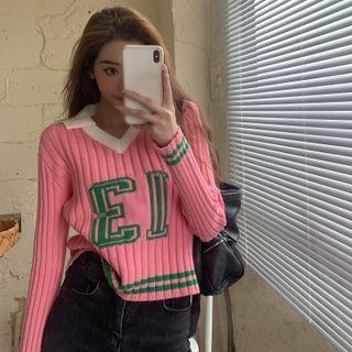 Numbering Collared Ribbed Knit Top Pink - One Size