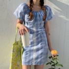 Short-sleeve Plaid Lace-trim Mini A-line Dress