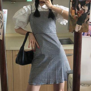 Puff-sleeve Shirt / Spaghetti Strap Plaid Mini Dress
