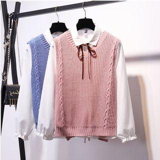 Set: Plain Shirt + V-neck Cable-knit Vest