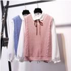 Set: Plain Shirt + V-neck Cable-knit Vest