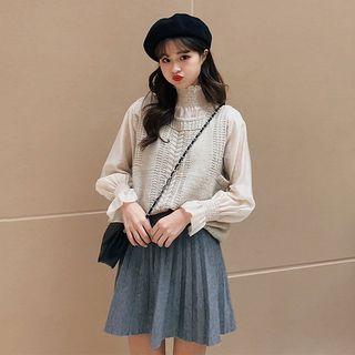 Turtleneck Plain Blouse + Knit Vest / Plain Skirt