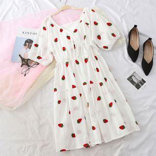 Strawberry Embroidered V-neck A-line Dress White - One Size