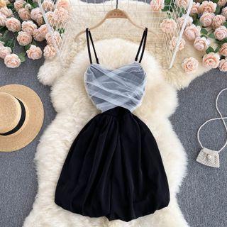 Ruched Mesh Panel Spaghetti-strap Dress