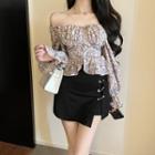 Set: Off-shoulder Floral Blouse + Mini A-line Skort