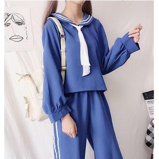 Sailor Collar Long-sleeve Top / Striped Cropped Wide-leg Pants
