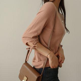 Raglan-sleeve Tie-cuff Knit Top