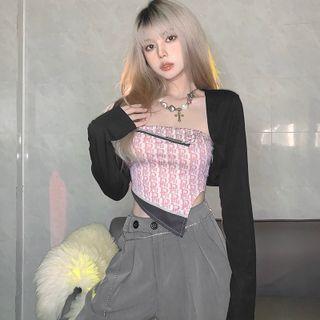 Set: Long-sleeve Crop Top + Lettering Strapless Asymmetrical Top