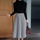 Set: Mock Neck Knit Top + Striped A-line Skirt