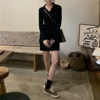 V-neck Bell-sleeve Knit Dress Black - One Size