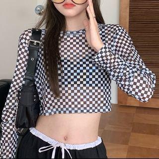 Long-sleeve Checker Print Crop T-shirt Black & White - One Size