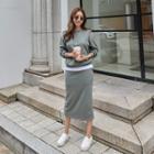 Set: Layered-hem Kangaroo Sweatshirt + Long H-line Skirt