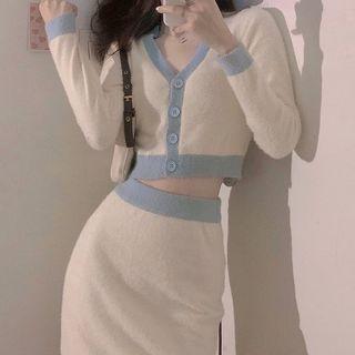 Contrast Trim Cardigan / A-line Knit Skirt