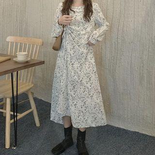 Floral Print Long-sleeve Midi A-line Dress B40 - Floral - White - One Size