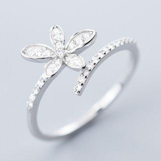 Floral Rhinestone Ring Ring - S925 Silver - Silver - One Size