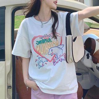 Short-sleeve Dolphin Print Lettering T-shirt