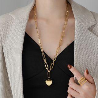 Stainless Steel Heart Pendant Necklace Necklace - Lettering Heart - Gold - One Size