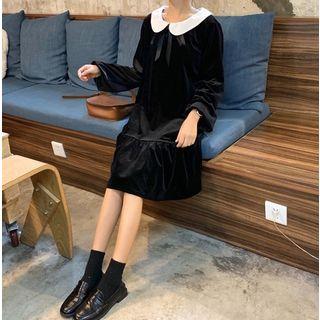 Contrast Collar Velvet Dress Black - One Size