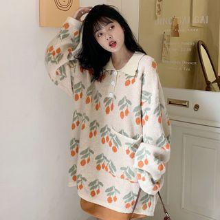 Polo-neck Cherry Print Sweater