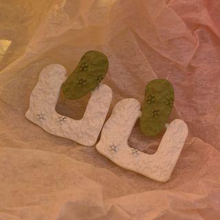 Embossed Flower Dangle Earring 1 Pair - S925 - Silver - Ear Stud Earring - White & Green - One Size