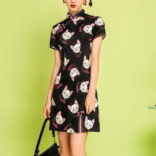 Short-sleeve Cat Print Mini Qipao Dress