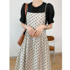 Set: Puff-sleeve Plain Blouse + Dotted Midi Overall Dress