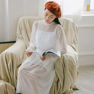 Set: Mock-neck Long-sleeve Mesh Dress + Plain Slipdress