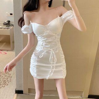 Cold-shoulder Short-sleeve Ruched Mini Sheath Dress