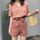 Set: Plain Short Sleeve V-neck T-shirt + Striped Shorts