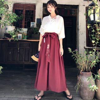 Embroidered Elbow-sleeve Hanfu Top / Wide Leg Pants