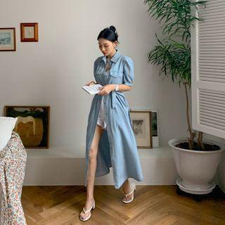 Puff-sleeve Maxi Denim Shirtdress Light Blue - One Size
