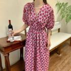 Puff-sleeve V-neck Floral Chiffon Dress Floral - One Size