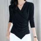 Long-sleeve Wrap Shirred T-shirt