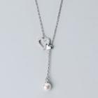 925 Sterling Silver Rhinestone Heart Faux Pearl Pendant Necklace S925 Silver - Necklace - One Size