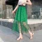 Lace Panel Midi Skirt Green - One Size