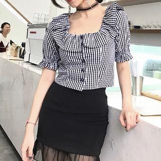 Plaid Ruffle Trim Short-sleeve Top / Mesh Panel Pencil Skirt