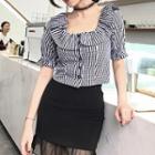 Plaid Ruffle Trim Short-sleeve Top / Mesh Panel Pencil Skirt