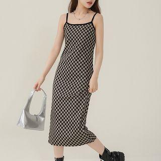 Spaghetti-strap Check Slit Midi Sheath Dress