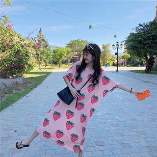 Printed Short-sleeve Midi T-shirt Dress Strawberry Pink - One Size