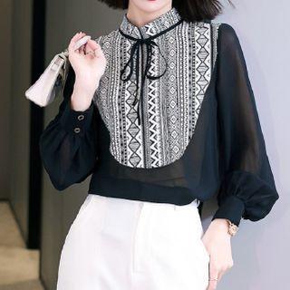 Puff-sleeve Tie-neck Patterned Panel Chiffon Blouse