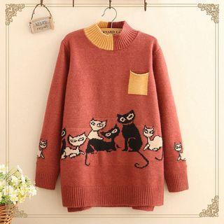 Pocket-front Cat Print Sweater