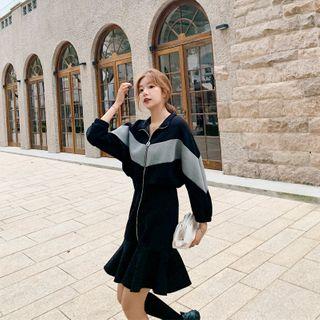 Front-zip Two-tone Ruffle Hem Midi Pullover Dress